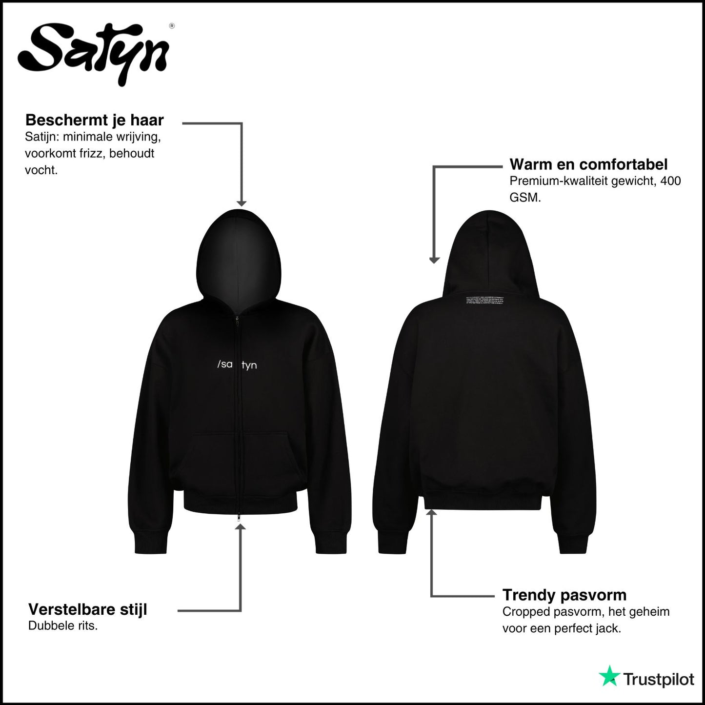 Hoodie Zip /satyn - Gitzwart