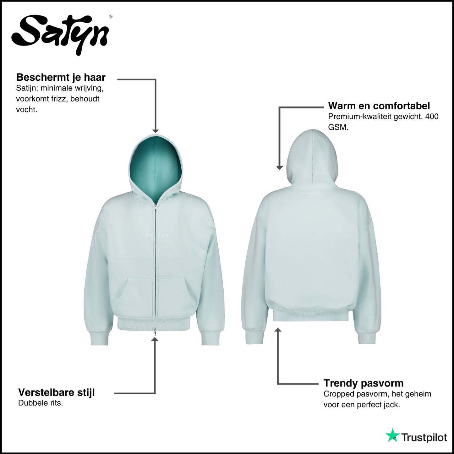 Hoodie Zip /satyn - Cyan UITVERKOCHT