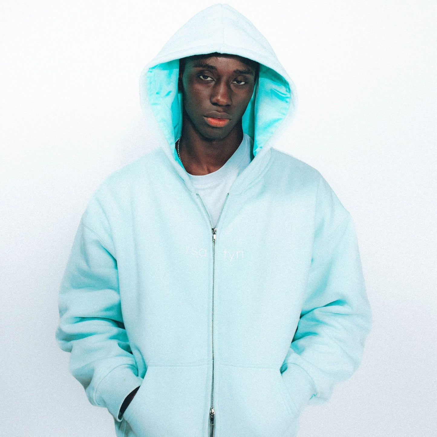 Hoodie Zip /satyn - Cyan UITVERKOCHT